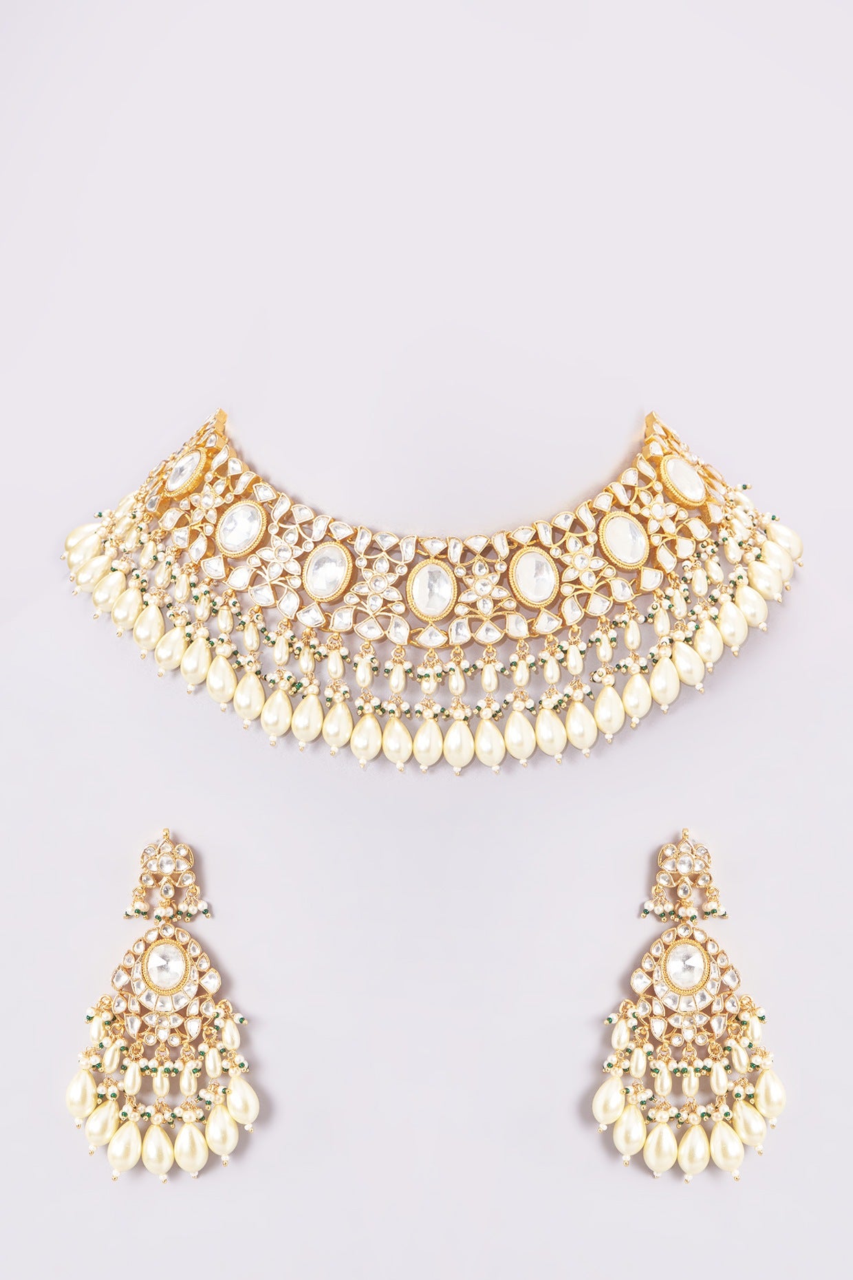 Gold Finish Kundan Polki & Pearl Choker Necklace Set