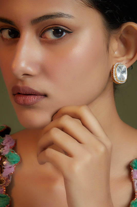 Gold Finish Kundan Polki Stud Earrings