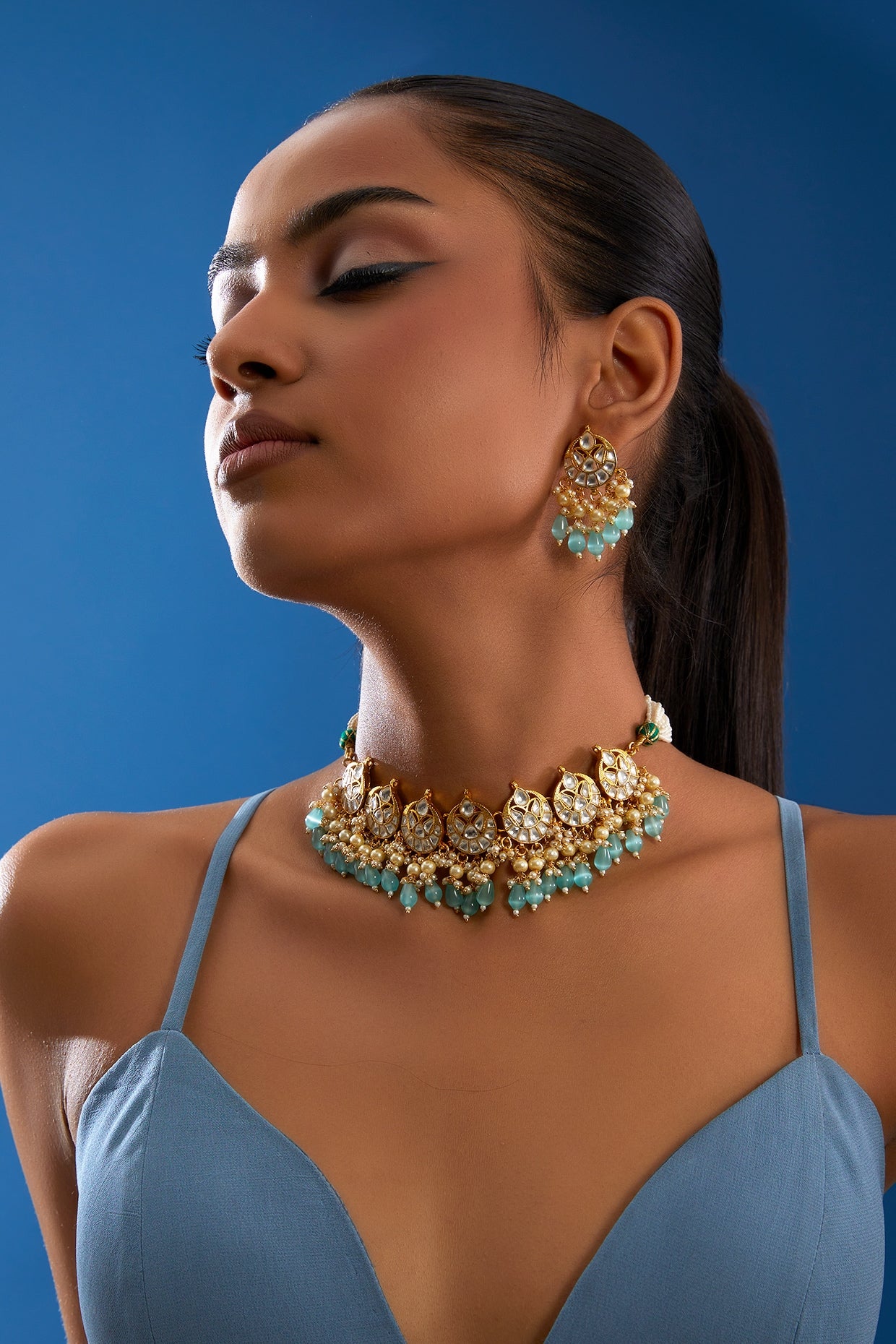 Gold Finish Kundan Polki & Aqua Beaded Choker Necklace Set