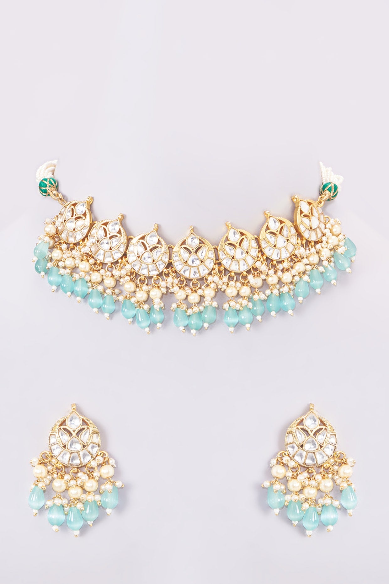 Gold Finish Kundan Polki & Aqua Beaded Choker Necklace Set