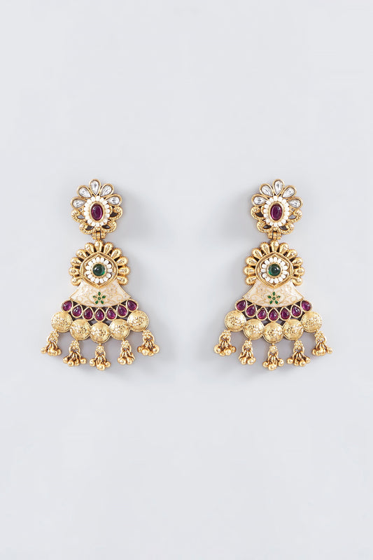 Gold Finish Kundan Polki Temple Dangler Earrings