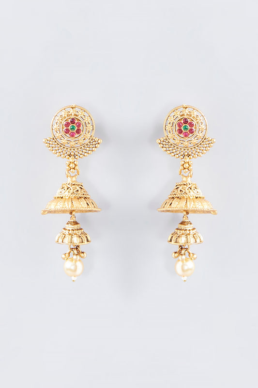 Gold Finish Kundan Polki Temple Jhumka Earrings