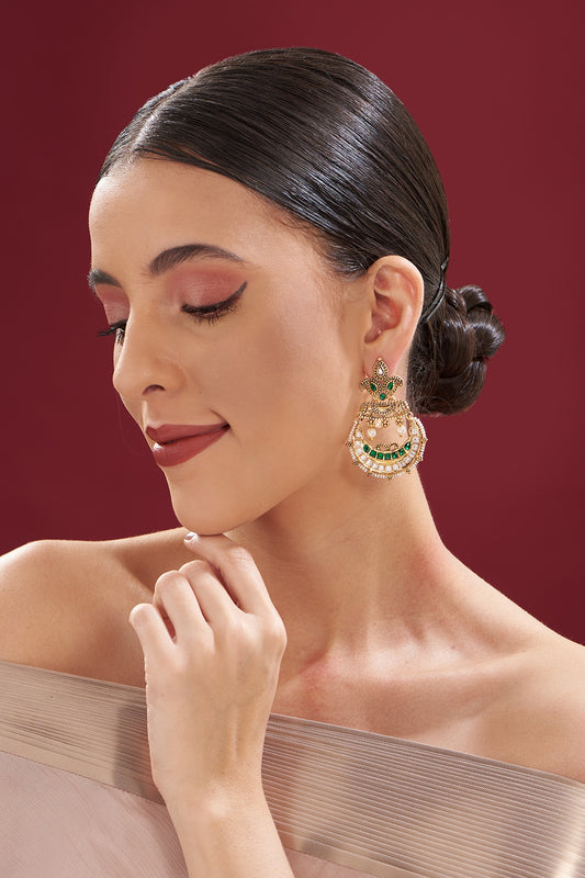 Gold Finish Kundan Polki & Green Stone Chandbali Earrings