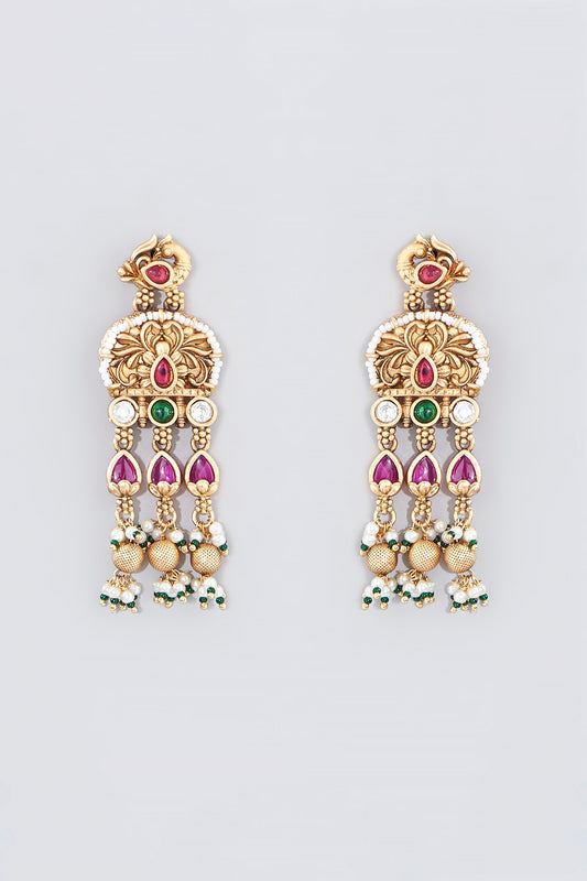 Gold Finish Kundan Polki Temple Dangler Earrings