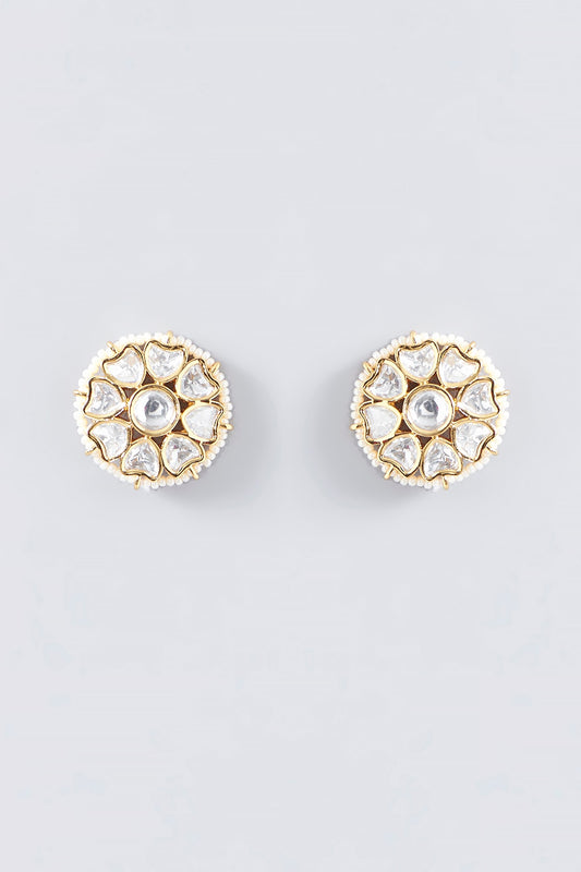 Gold Finish Kundan Polki & Pearl Stud Earrings