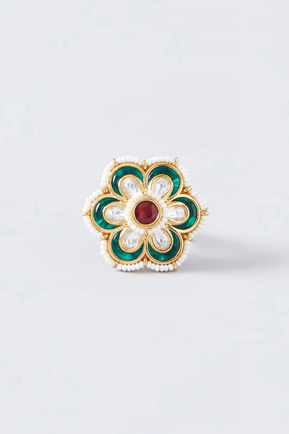 Gold Finish Kundan Polki & Pearl Ring