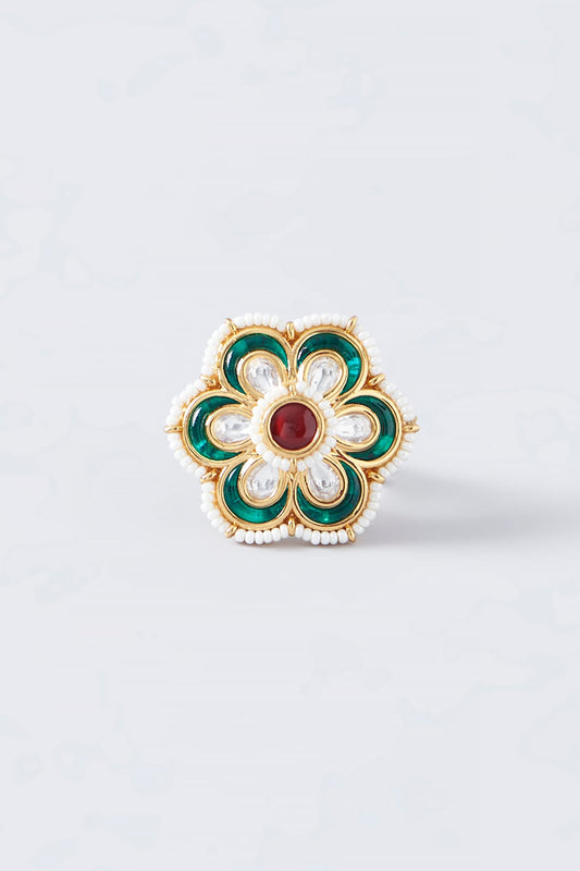 Gold Finish Kundan Polki & Pearl Ring
