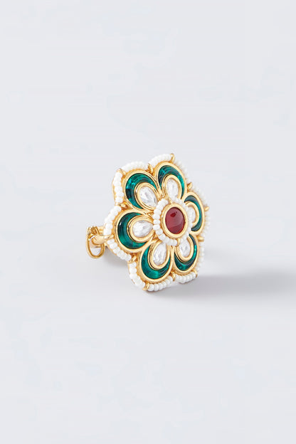 Gold Finish Kundan Polki & Pearl Ring