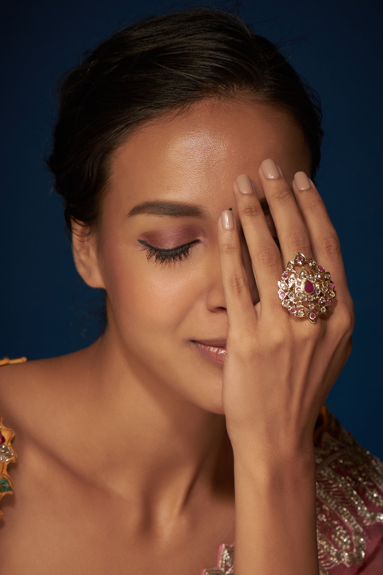 Gold Finish Kundan Polki & Ruby Ring