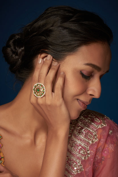 Gold Finish Kundan Polki & Green Stone Ring