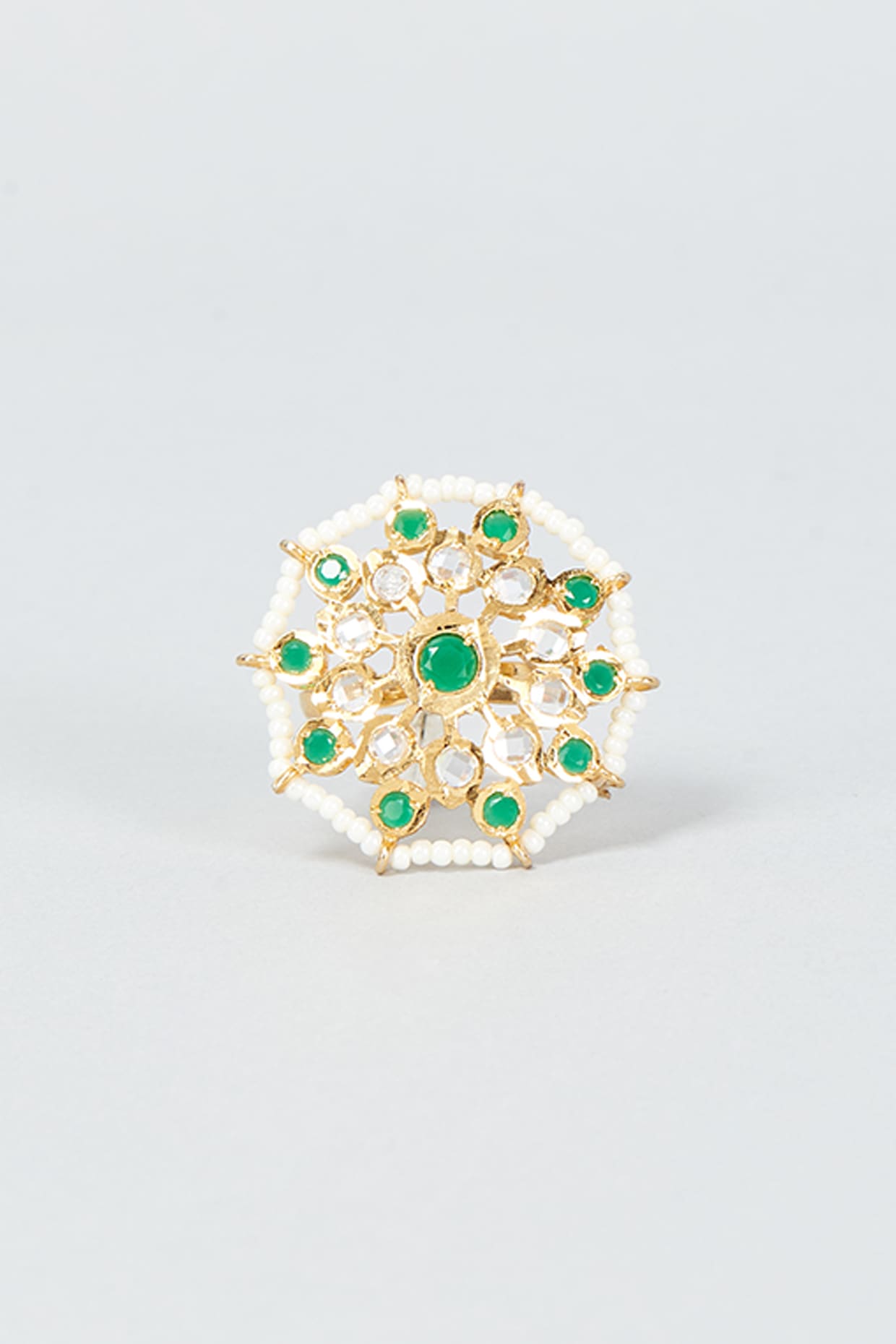 Gold Finish Kundan Polki & Green Stone Ring