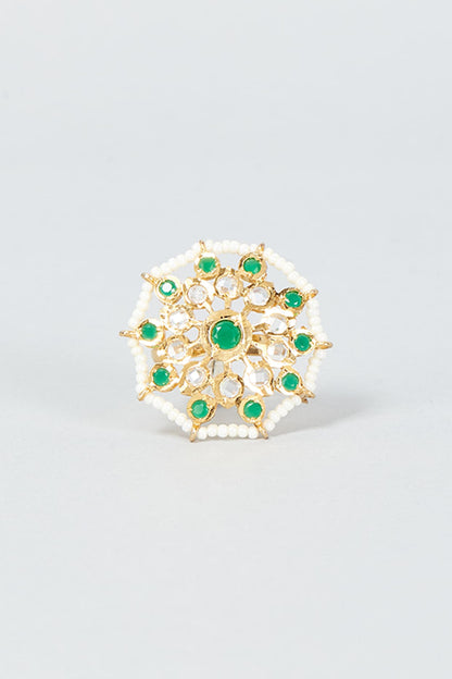 Gold Finish Kundan Polki & Green Stone Ring
