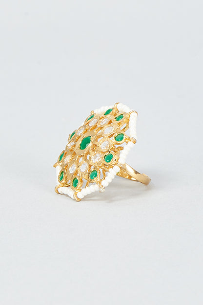 Gold Finish Kundan Polki & Green Stone Ring