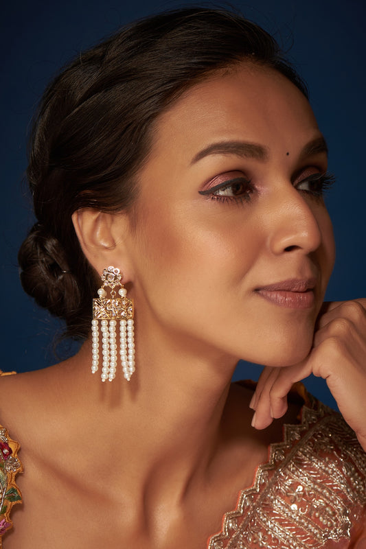 Gold Finish Kundan Polki & Pearl Dangler Earrings