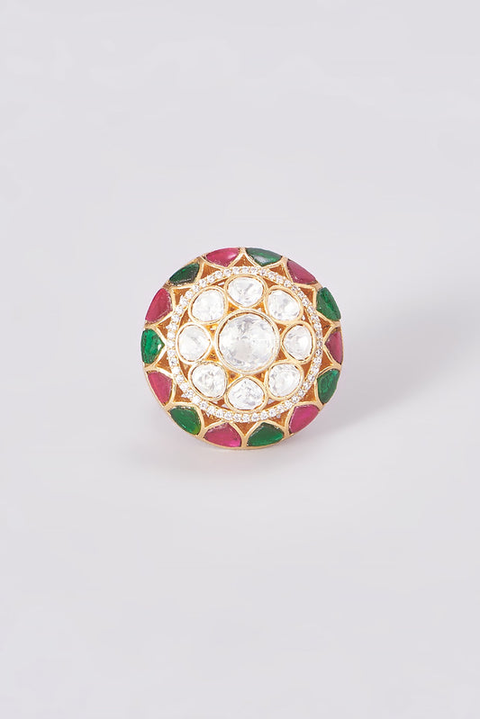 Gold Finish Kundan Polki & Multi-Colored Stones Ring