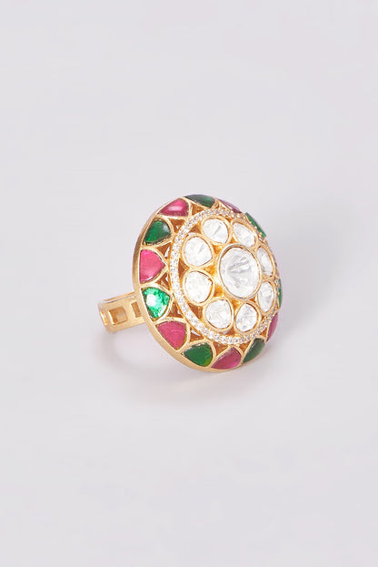 Gold Finish Kundan Polki & Multi-Colored Stones Ring