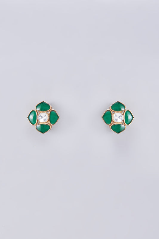 Gold Finish Kundan Polki & Green Stone Stud Earrings