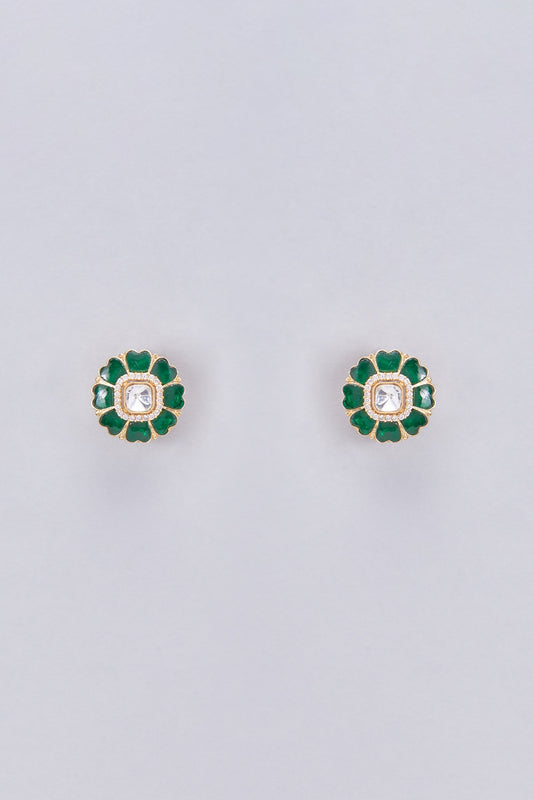 Gold Finish Kundan Polki & Green Stone Stud Earrings
