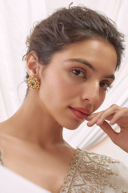 Gold Finish Kundan Polki & Green Stone Earring