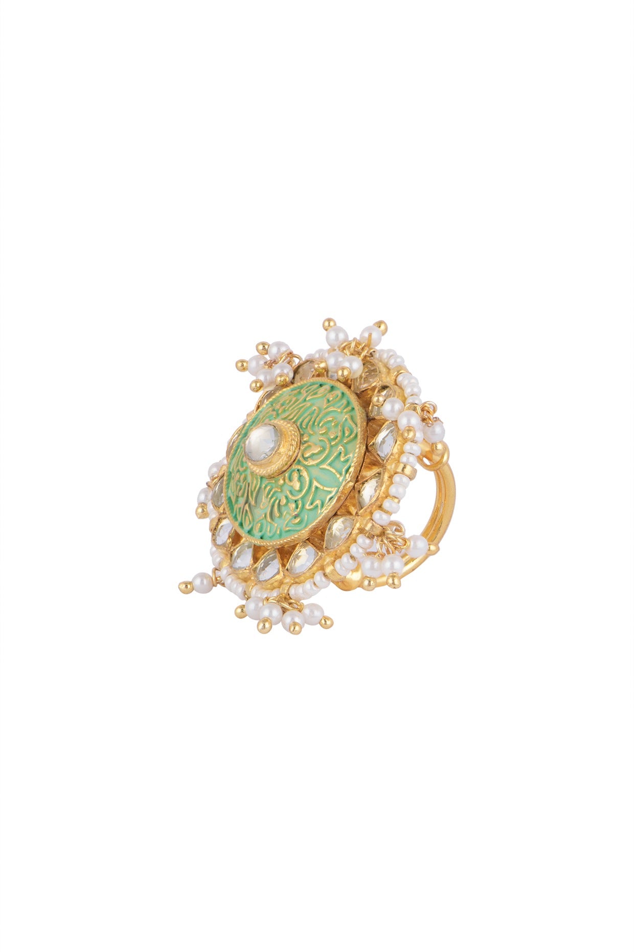 Gold Finish Kundan Polki Blue Meenakari Ring