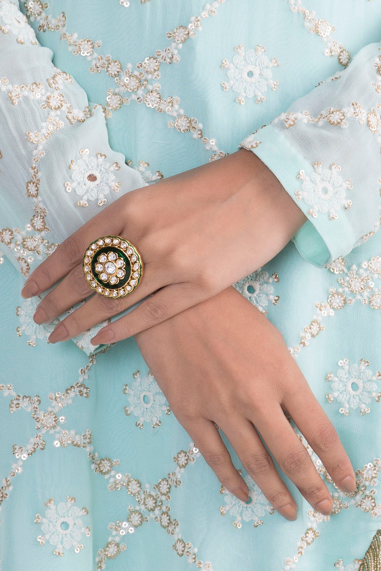 Gold Finish Kundan Polki Green Meenakari Ring