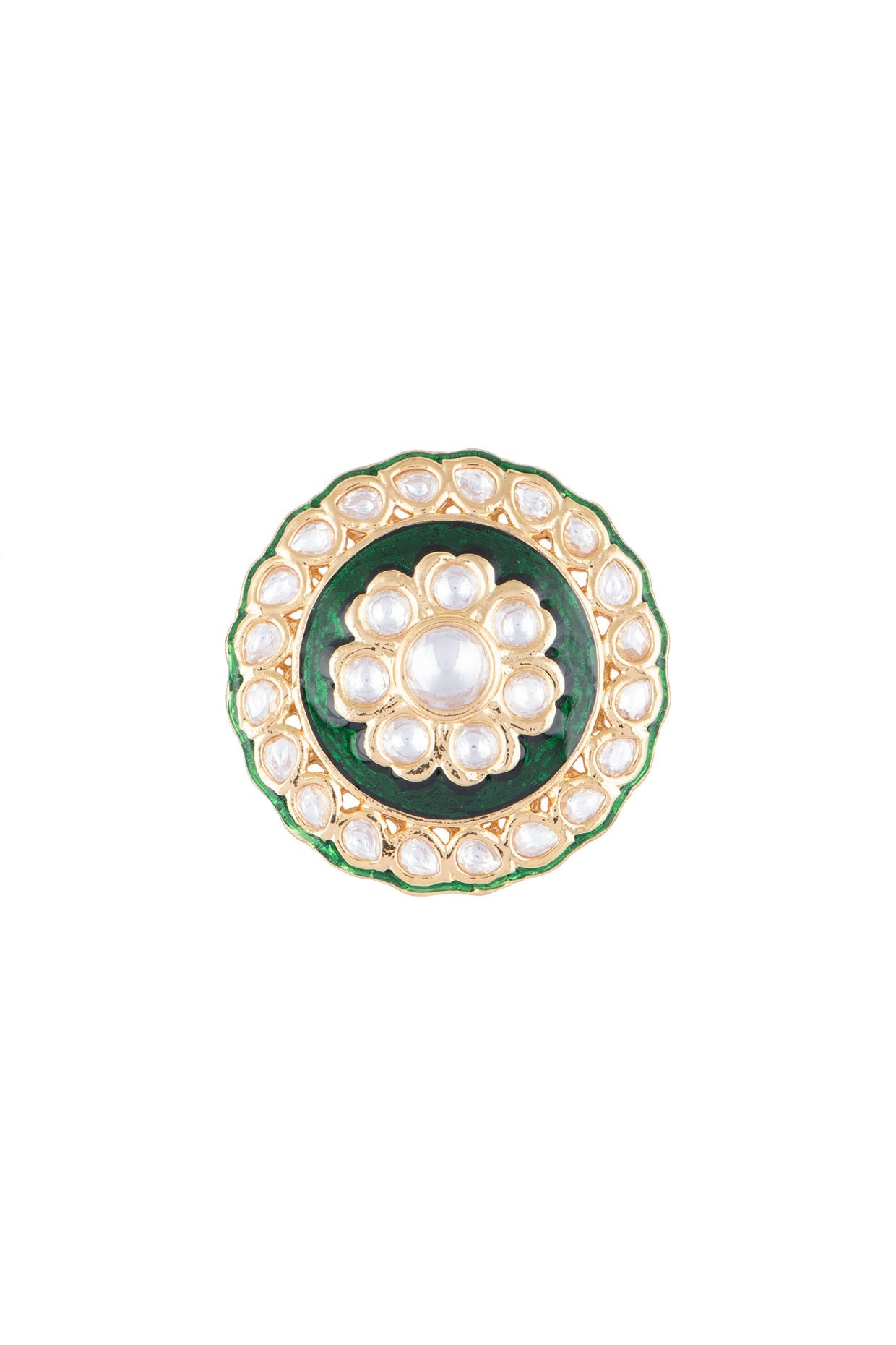 Gold Finish Kundan Polki Green Meenakari Ring