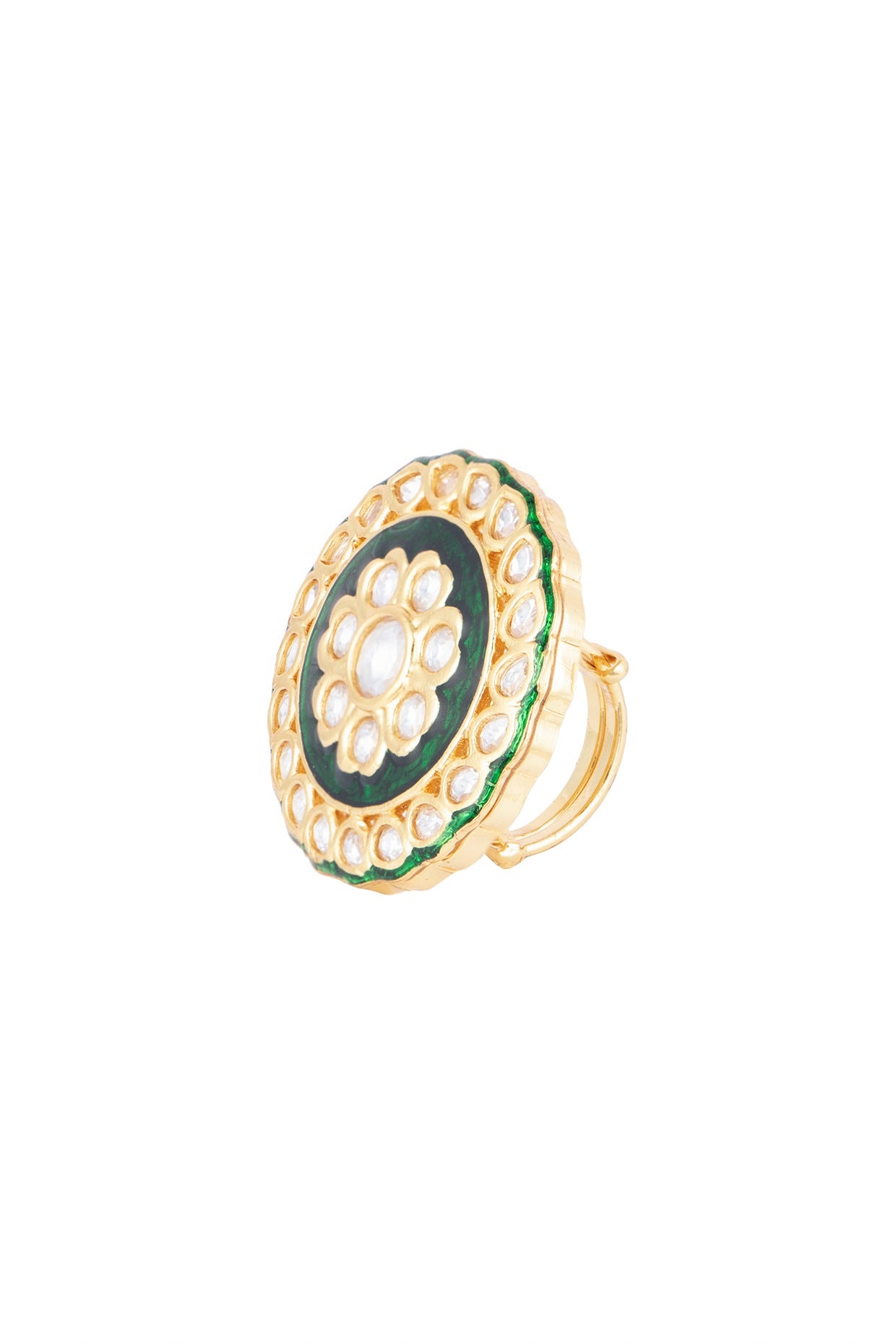 Gold Finish Kundan Polki Green Meenakari Ring