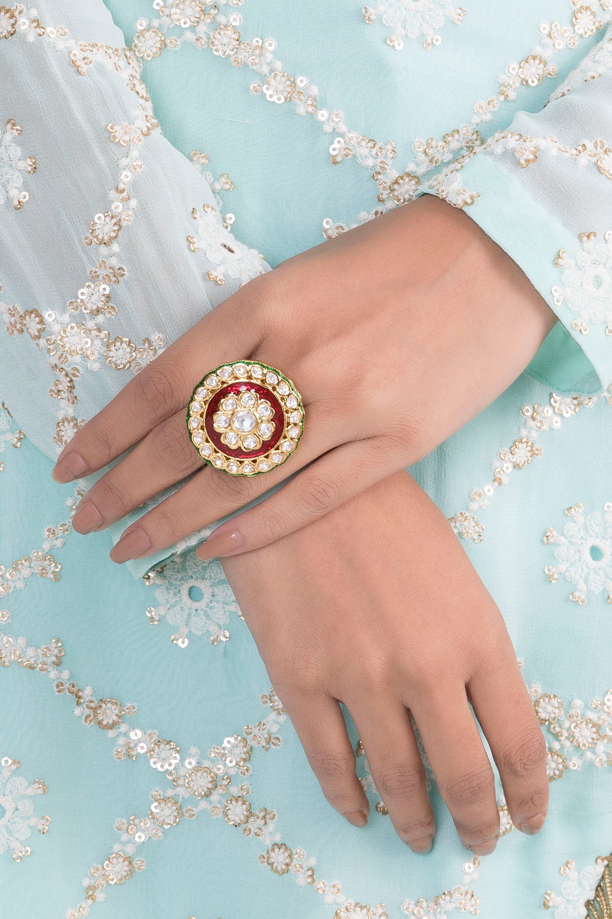 Gold Finish Kundan Polki Red & Green Meenakari Ring