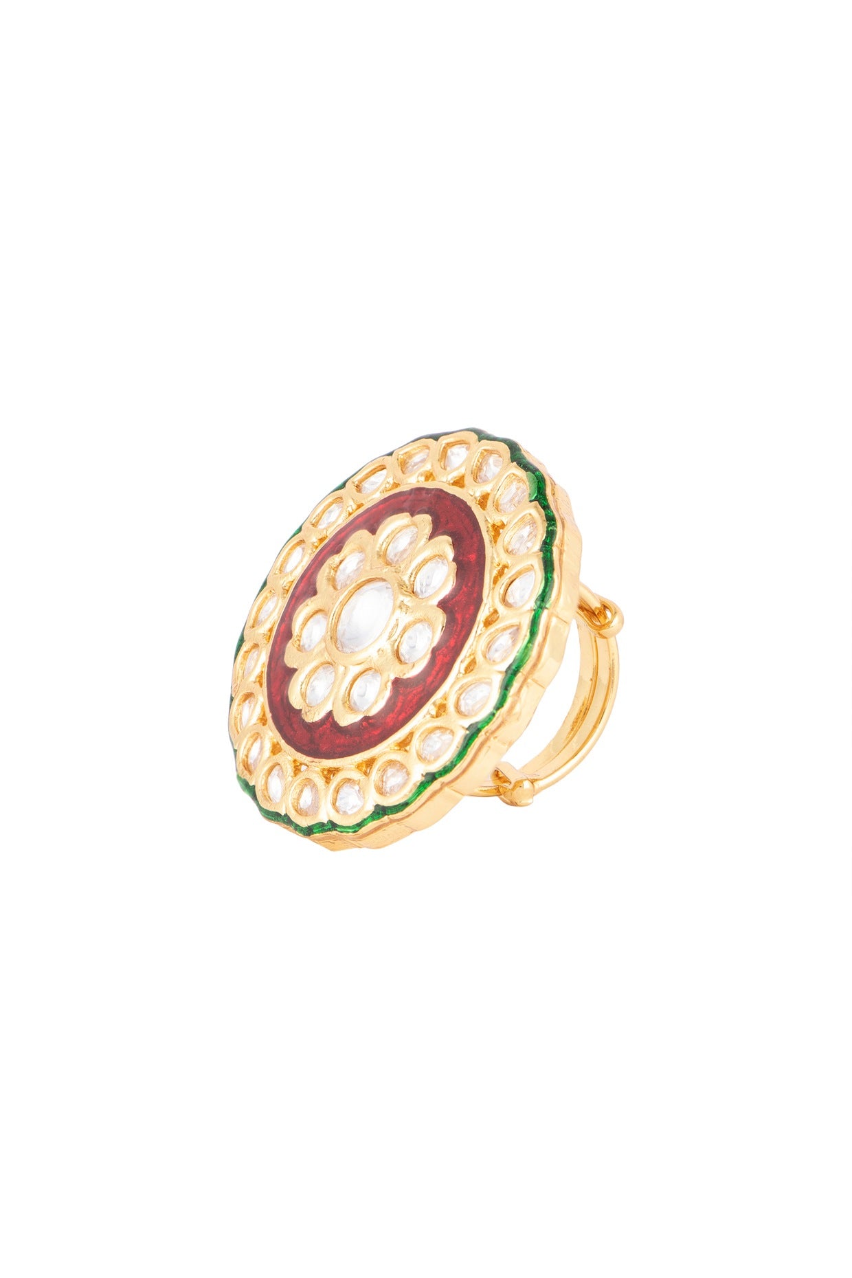 Gold Finish Kundan Polki Red & Green Meenakari Ring