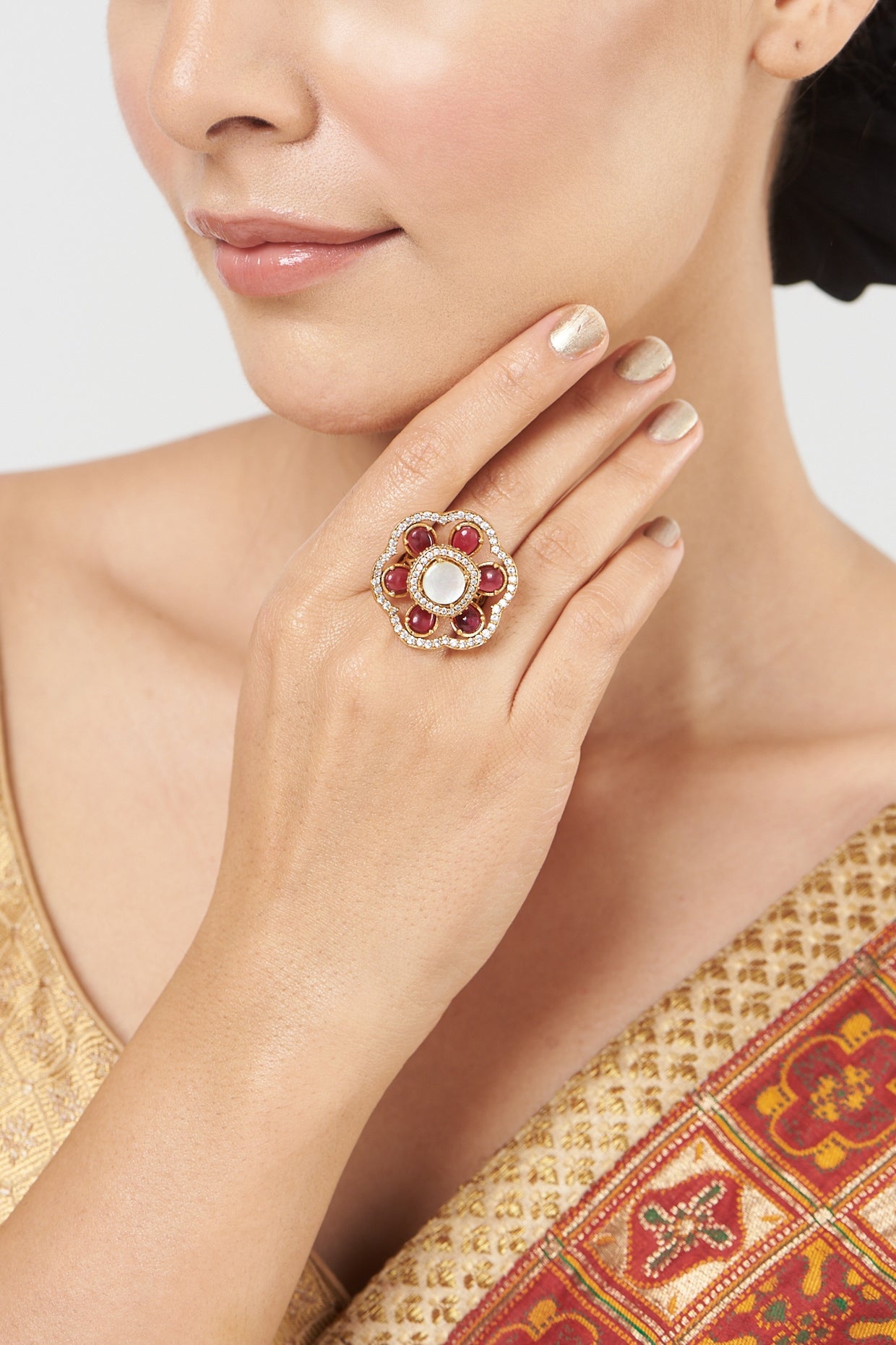 Gold Finish Pearl & Kundan Polki Ring