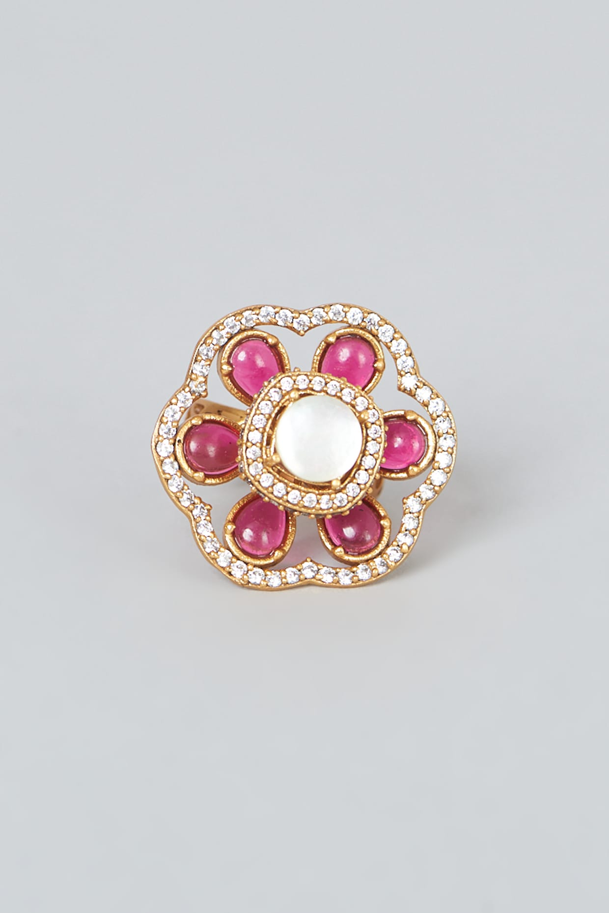 Gold Finish Pearl & Kundan Polki Ring