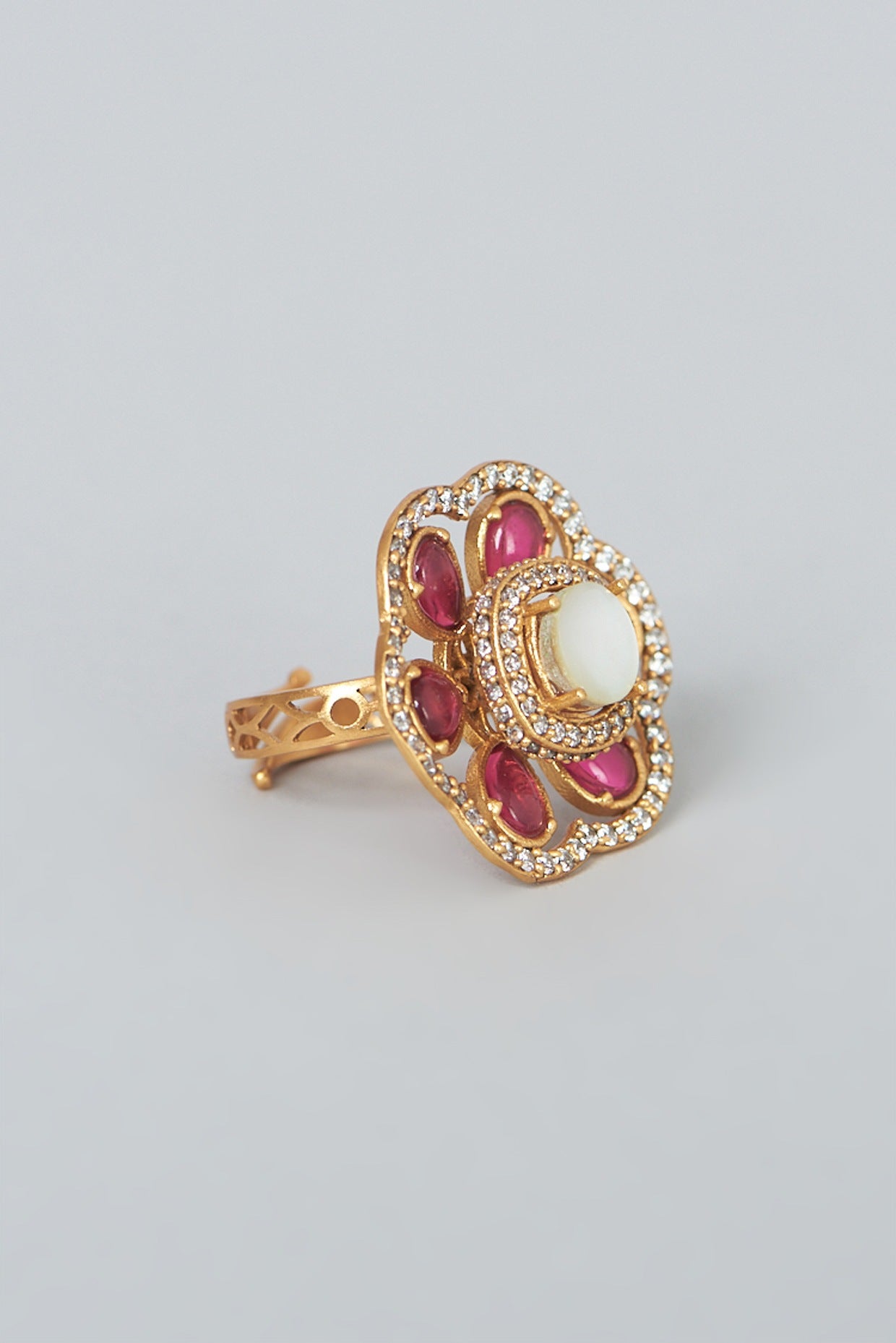 Gold Finish Pearl & Kundan Polki Ring