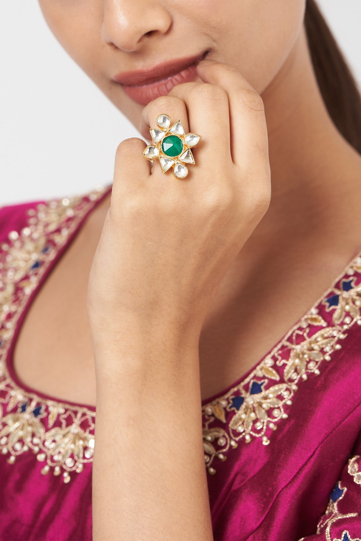 Gold Finish Pachi Kundan Polki & Green Stone Ring