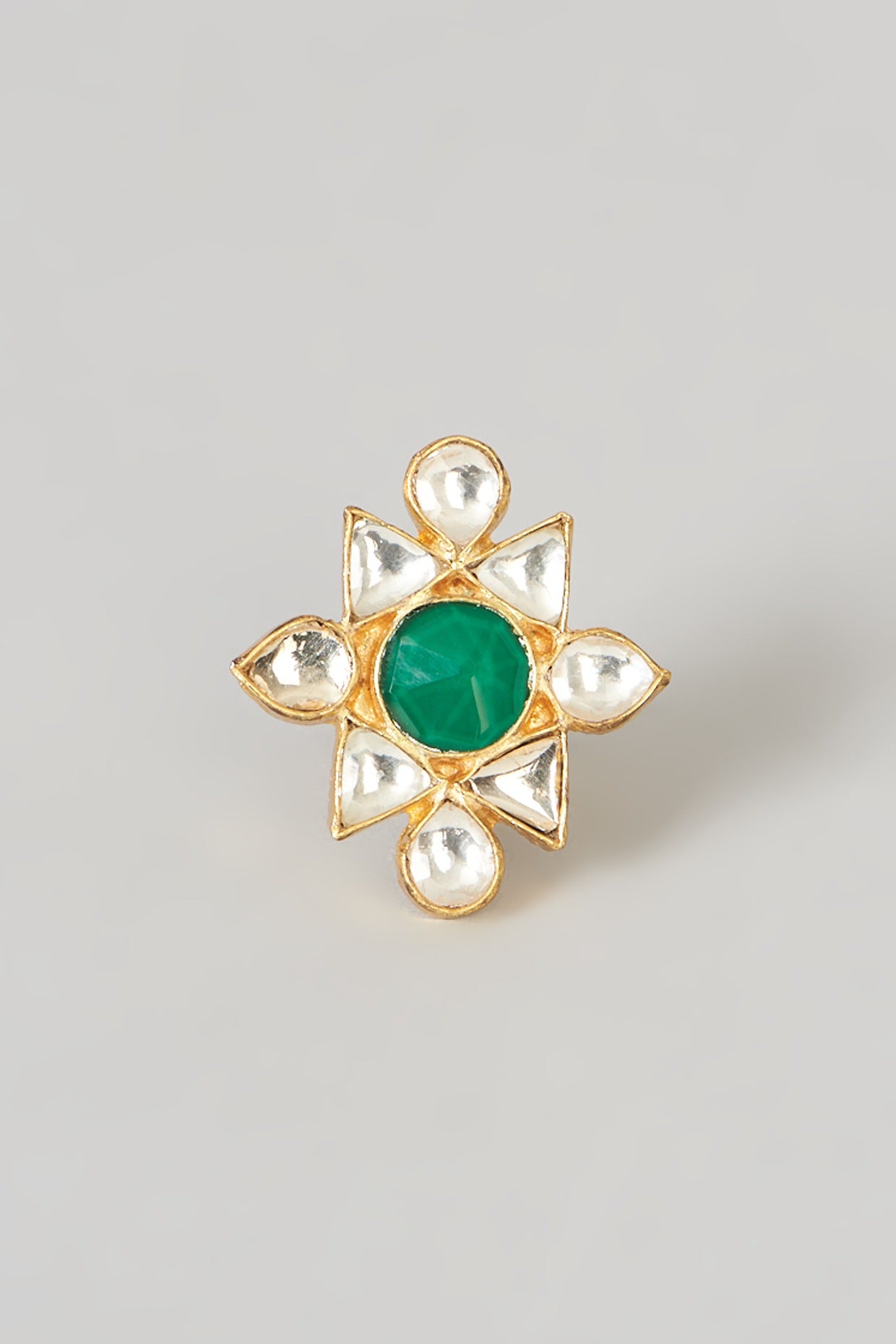 Gold Finish Pachi Kundan Polki & Green Stone Ring