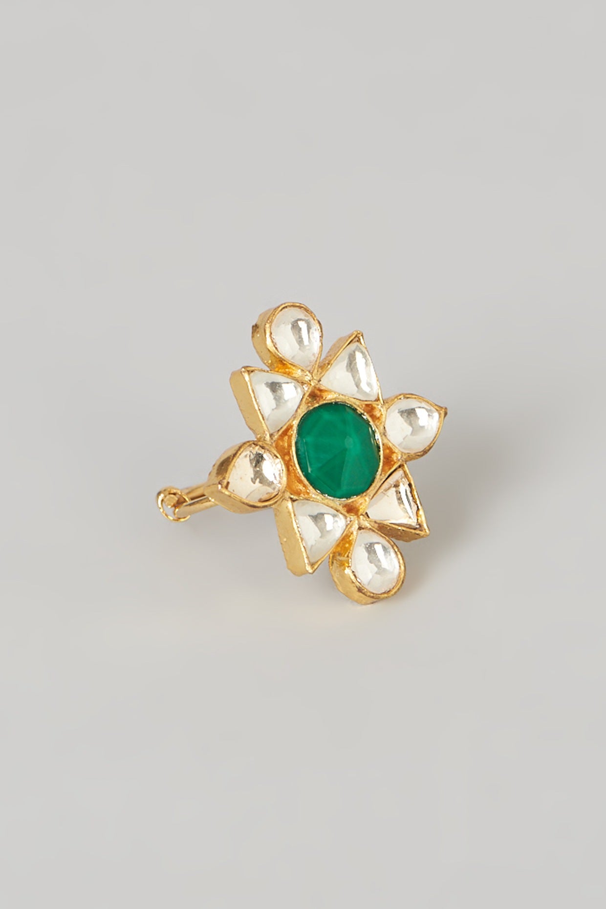 Gold Finish Pachi Kundan Polki & Green Stone Ring