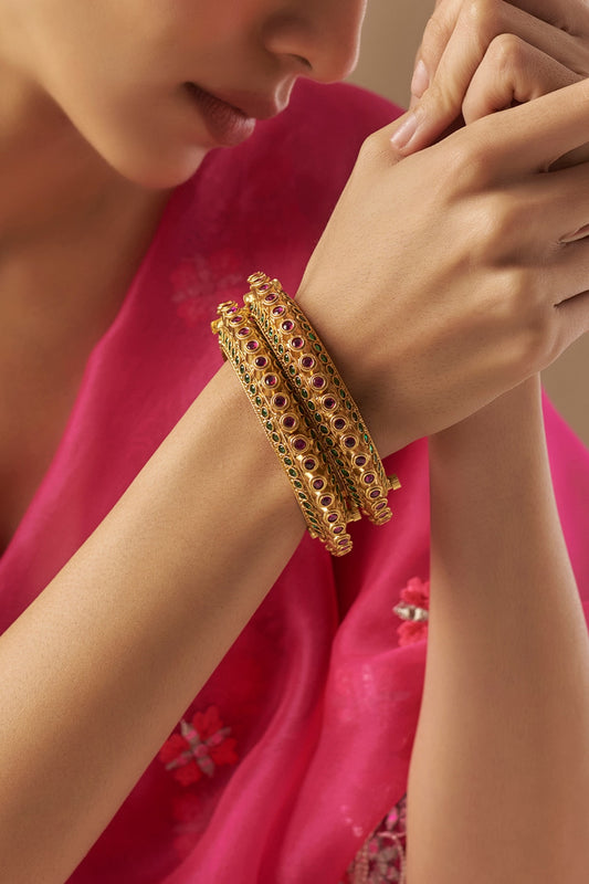 Gold Finish Kundan Polki & Multi-Colored Stone Bangles (Set Of 2)