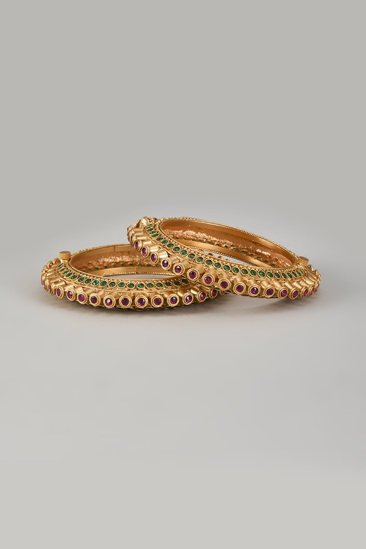 Gold Finish Kundan Polki & Multi-Colored Stone Bangles (Set Of 2)