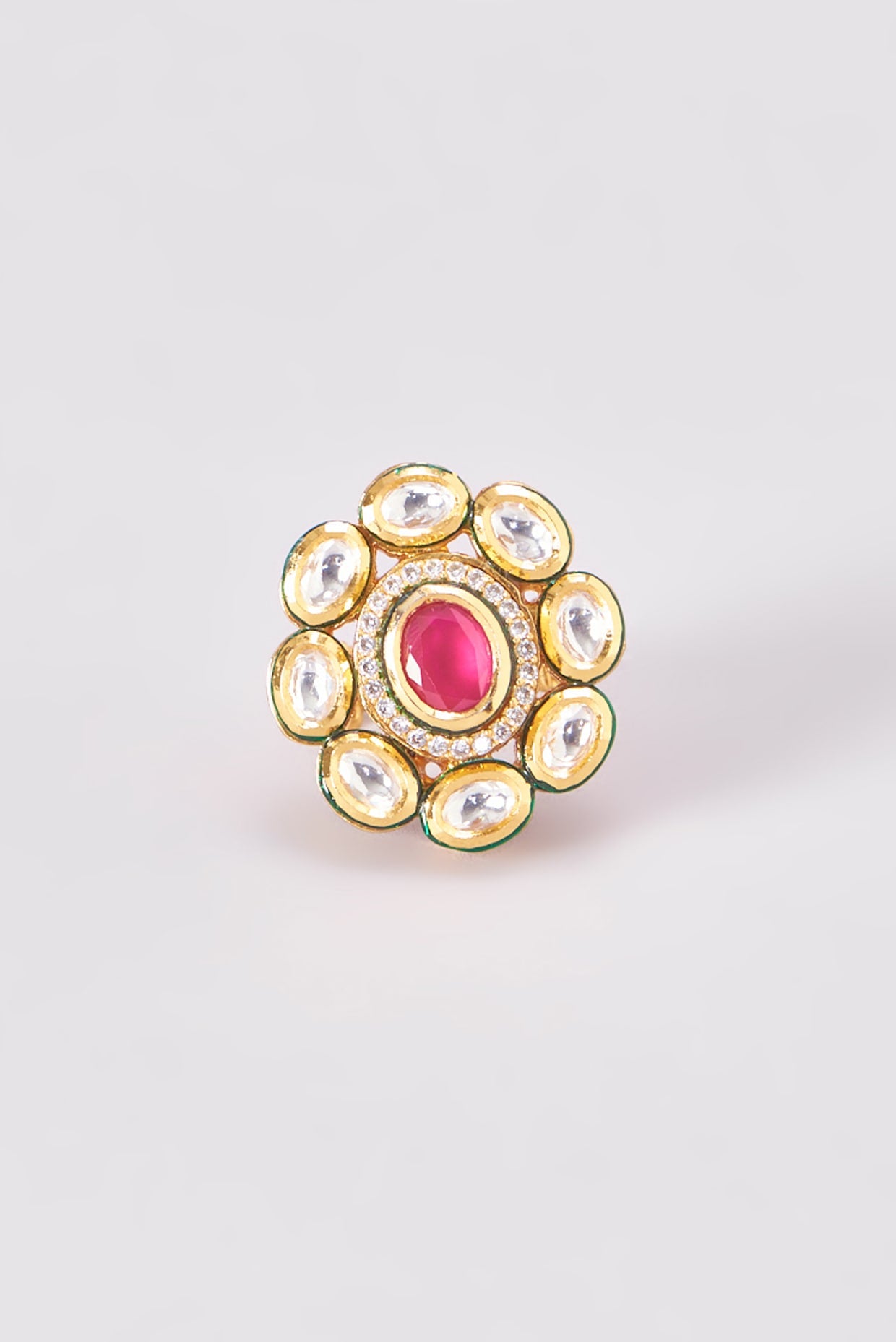 Gold Finish Kundan Polki & Red Stone Ring