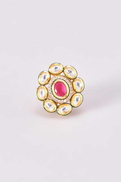 Gold Finish Kundan Polki & Red Stone Ring