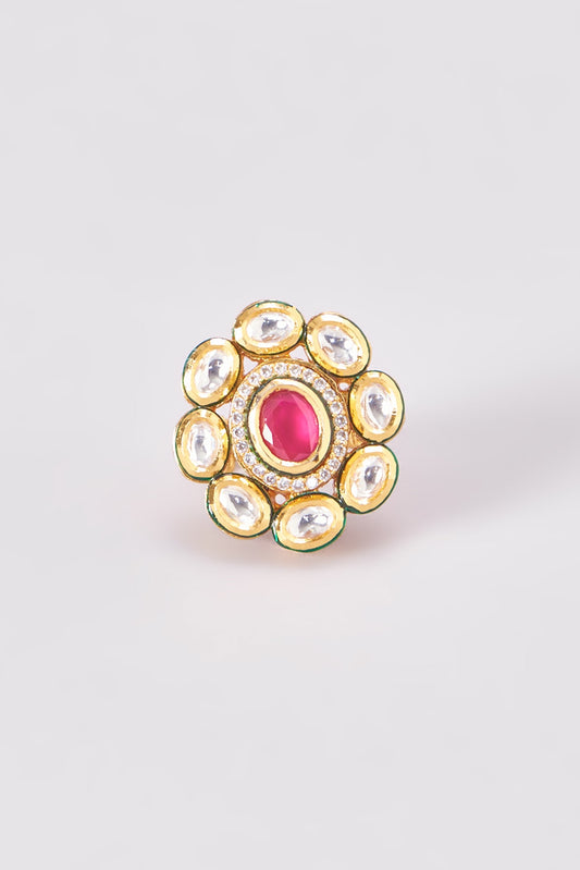 Gold Finish Kundan Polki & Red Stone Ring
