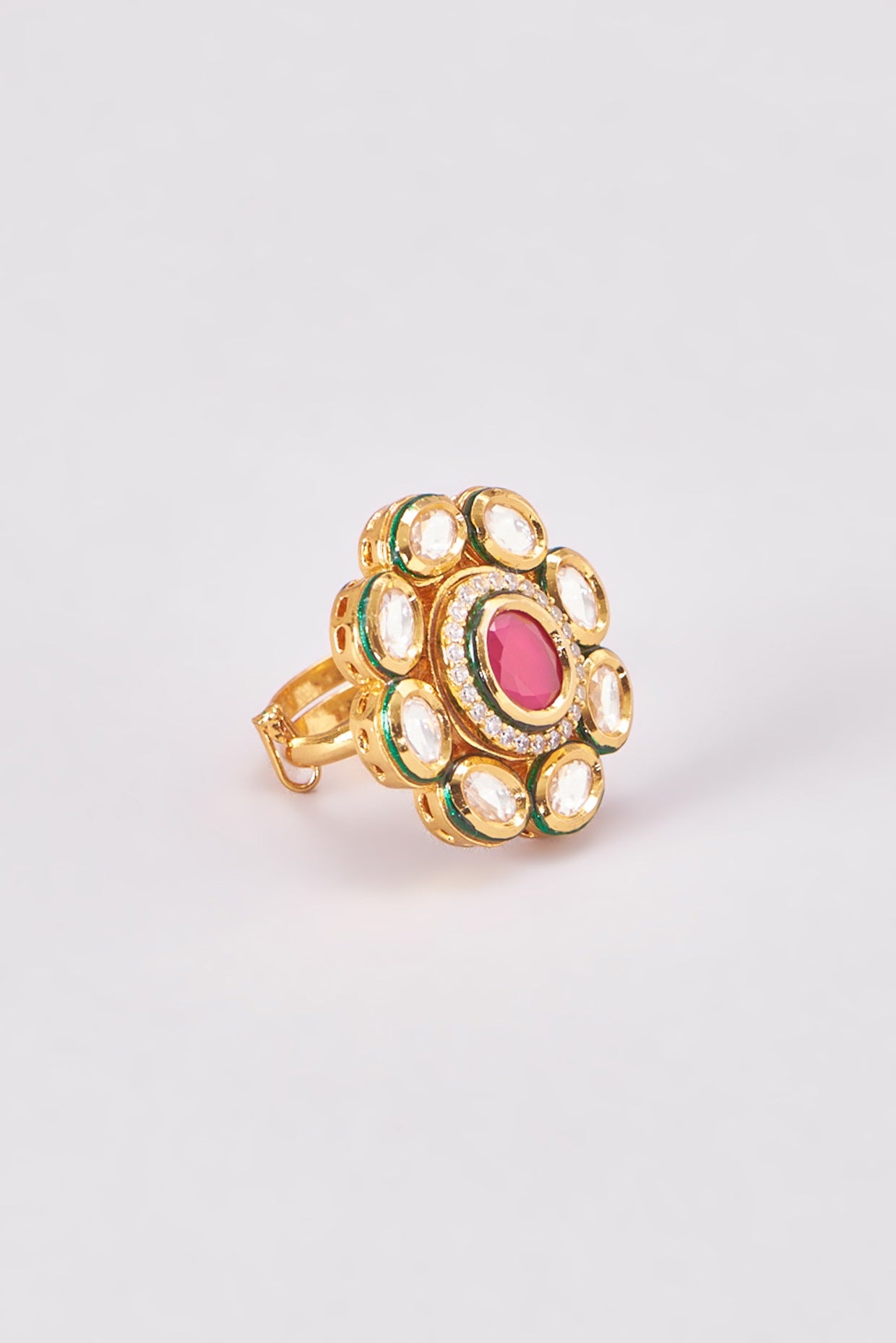Gold Finish Kundan Polki & Red Stone Ring