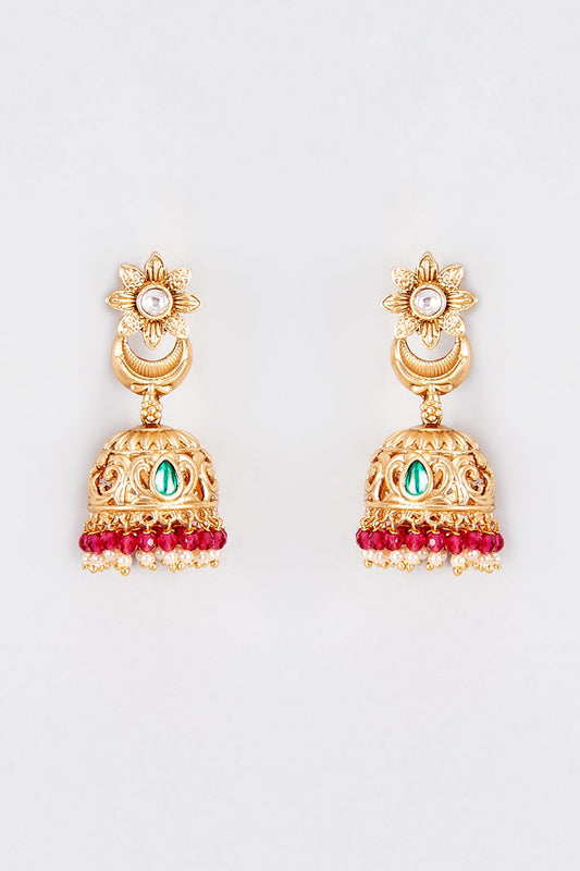 Gold Finish Kundan Polki & Multi-Colored Stone Temple Jhumka Earrings