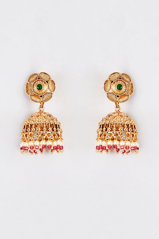 Gold Finish Kundan Polki & Red Beaded Temple Jhumka Earrings