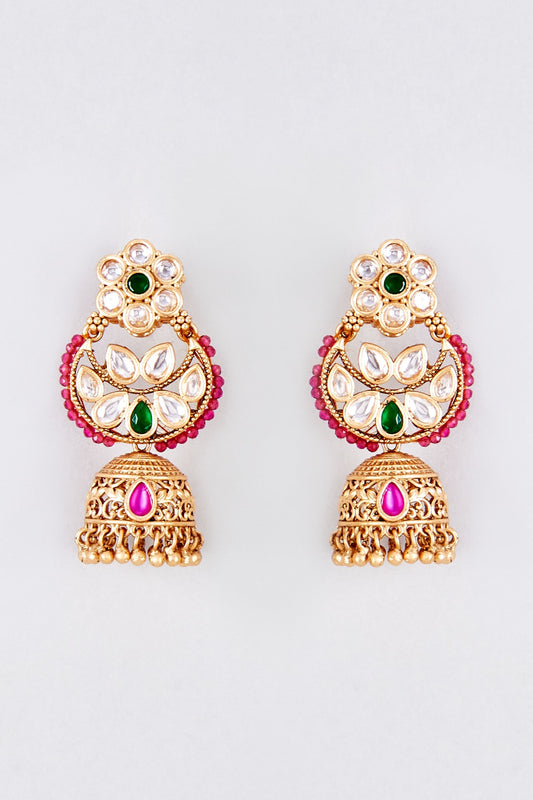 Gold Finish Kundan Polki & Multi-Colored Stone Temple Jhumka Earrings