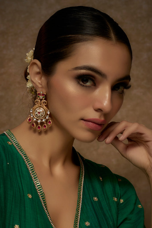 Gold Finish Kundan Polki Temple Dangler Earrings