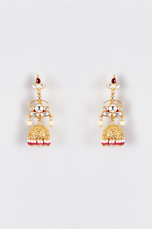 Gold Finish Kundan Polki Temple Jhumka Earrings