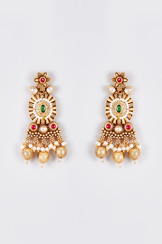 Gold Finish Kundan Polki Temple Dangler Earrings