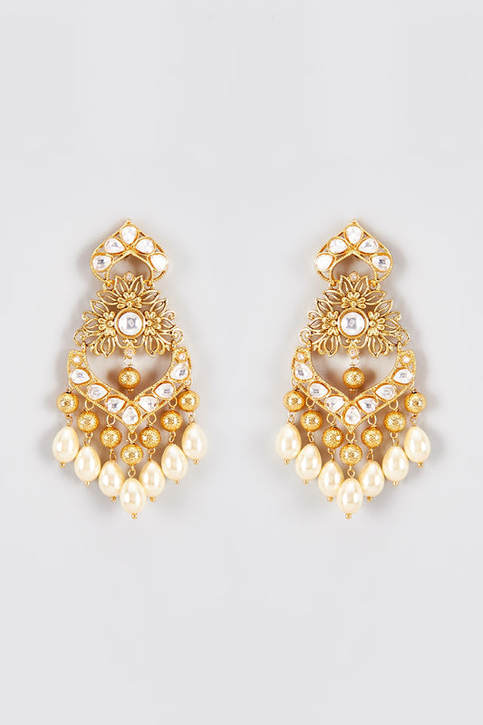 Gold Finish Kundan Polki Temple Dangler Earrings