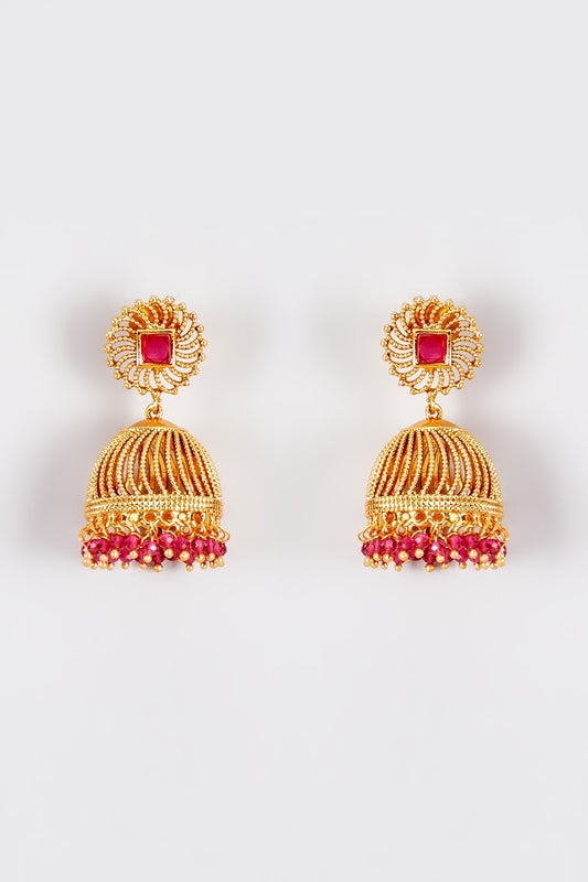 Gold Finish Kundan Polki Temple Jhumka Earrings With Red Stones