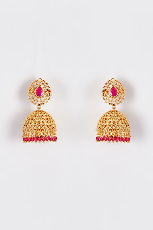Gold Finish Temple Kundan Polki Jhumka Earrings